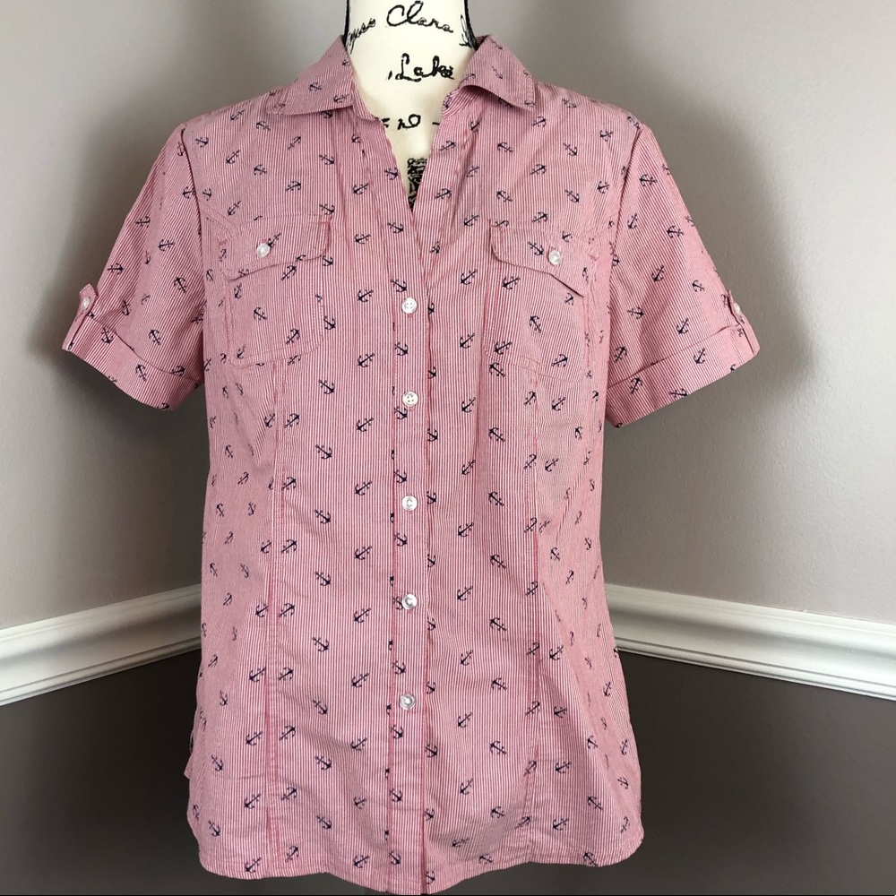 🇺🇸Red & white striped button down shirt with anchor print